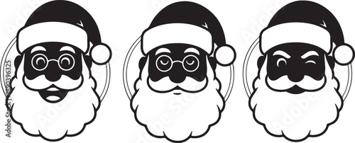 Three Santa Claus Faces with Different Expressions in Black and White Line also transparent background