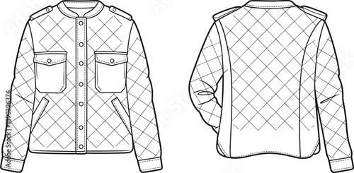 Flat vector CAD drawing of quilted winter jacket with button closure, flap pockets, epaulets, fashion technical sketch, front back views