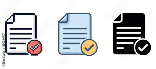 Set of document icons with check marks in pixel, colored, and solid styles
