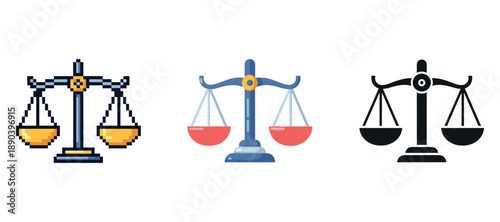 Set of diverse scales of justice icons in different styles