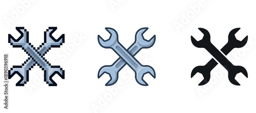 Evolution of crossed wrench icons: pixel, vector, silhouette styles