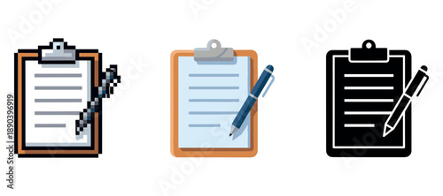 Three clipboard icons with pen in pixel, flat, and glyph styles