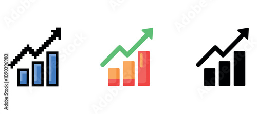 Three styles of rising bar graphs with upward arrows