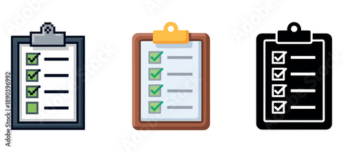 Three checklist icons with green checkmarks on clipboards