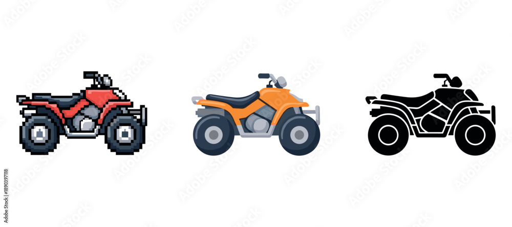Fototapeta premium Pixel, vector, and silhouette atvs on white background
