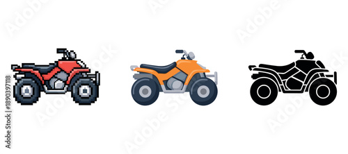Pixel, vector, and silhouette atvs on white background
