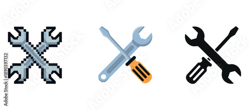 Pixel and vector wrench and screwdriver icon set on white background