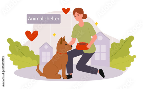 Animal shelter. Woman gives bowl of food to street homeless dog. Care and protection for stray animals. Humanity manifestation.