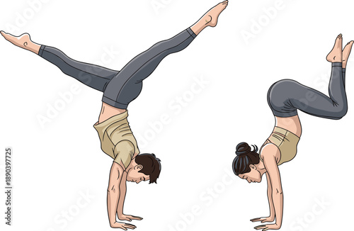 Handstand pose, fitness training, athletic balance, yoga strength, body control, split handstand, tuck 