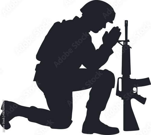 Silhouette of a soldier kneeling in prayer beside a rifle praying