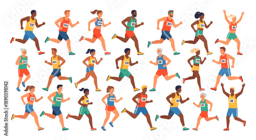 Diverse group of people running a marathon race