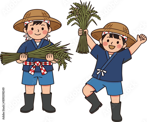 Happy children farmers harvesting rice, traditional Asian village life, kids in straw hats, agriculture, rural farming lifestyle, cartoon illustration, vector art