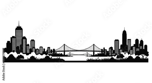 A striking black and white cityscape featuring a bridge and skyline presented as a bold silhouette high quality professional detailed modern