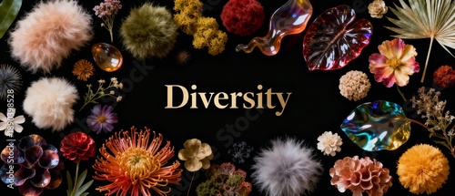 Colorful variety of flowers and plants arranged on black background with 'Diversity' sign in gold - wide banner  