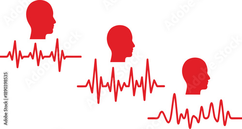 Three red human head profiles with electrocardiogram lines below heart rate pulse