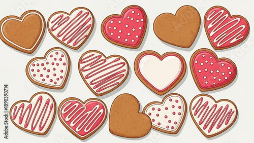 Collection of heart shaped gingerbread cookies decorated with icing for Valentines Day isolated on white background
