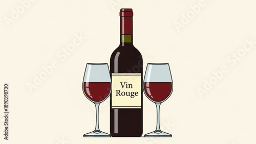 Red wine bottle with two glasses Vin Rouge label isolated on a light background perfect for beverage advertising and celebration concepts