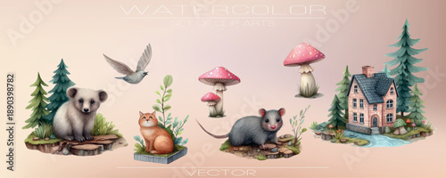 A cozy set of watercolor vector woodland elements: animals, trees, mushrooms, and leaves. Perfect for autumn designs, storybooks, and warm nature scenes.