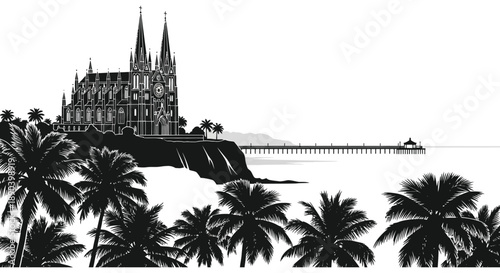 A striking black and white illustration depicts a coastal cathedral and pier framed by palm trees in silhouette high quality professional