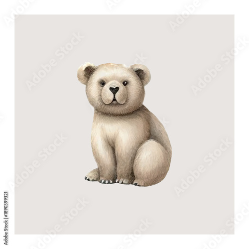 A cute watercolor vector polar bear cub with soft fur and kind eyes. Ideal for nursery art, children's books, and cozy winter-themed illustrations.