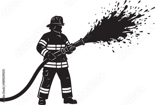 Firefighter deploying a high-pressure water stream from a hose to extinguish a fire