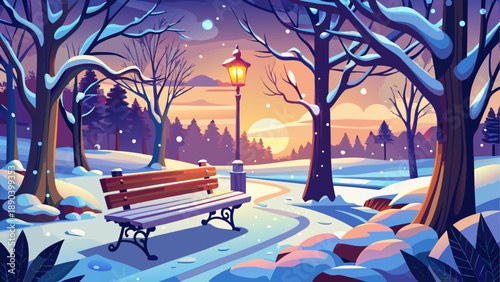 Vector winter park scene with snow covered trees and bench
