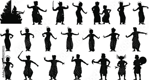 Balinese dance silhouettes, traditional performer, cultural pose, ceremonial attire, black vector, sword fan shield, ethnic icon, ritual movement, heritage illustration