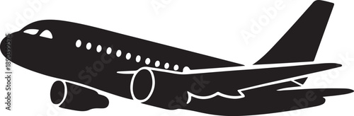 Airplane flying icon vector silhouette showing commercial passenger jet for travel and transportation.