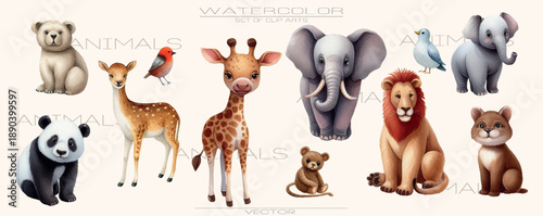 A cute watercolor vector set of animals from around the world. Perfect for children's books, nursery decor, posters, and cozy educational illustrations in soft pastel tones.