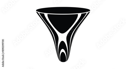 A stark black and white graphic depicts a funnel shape with curved sides and a distinctive silhouette high quality professional detailed