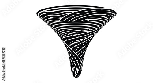 A swirling conical vortex of black and white lines creates a dynamic optical illusion presented as a striking silhouette high quality