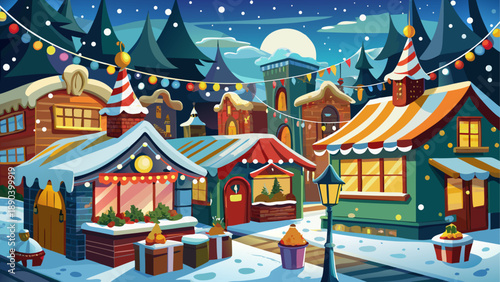Vector illustration of a snowy winter village at night