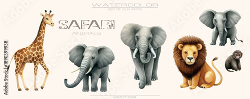 A soft watercolor vector set of African safari animals. Perfect for nursery designs, children's books, posters, and cozy jungle-themed illustrations in pastel tones
