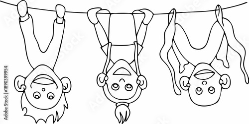 Three cartoon monkeys hanging upside down from a single rope