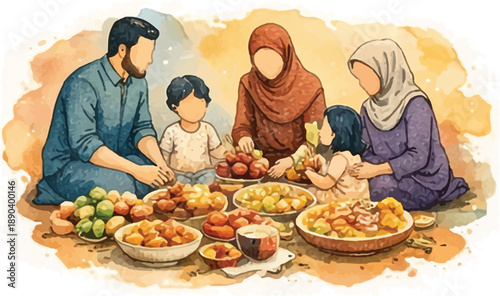 Muslim Family Iftar Together Fruits Ramadan Watercolor