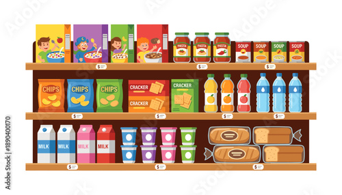 Supermarket shelves full of grocery products cartoon illustration