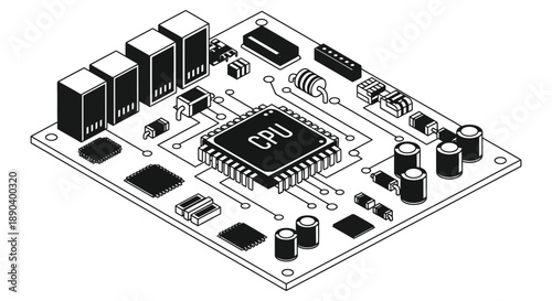 A detailed illustration of a computer circuit board with components presented in a striking black silhouette high quality professional modern elegant