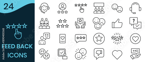 Feedback and review icon set. Out line icon of feedback, bad review, chat, feed back, satisfied, check, customer, emoji,  comment, score, review. Vector illustration.