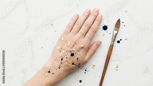 Artist hand covered in gold leaf and ink splatters with paintbrush