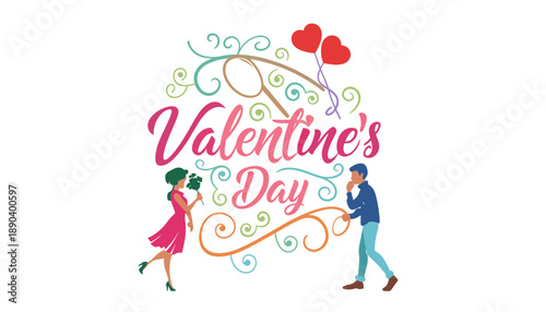 A colorful Valentine's Day graphic with a couple and heart balloons