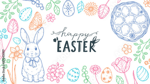 Hand drawn Easter frame with eggs, bunny and Happy Easter lettering. Vector drawing illustration.