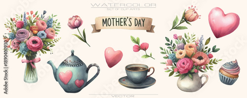A charming set of watercolor vector illustrations for Mother’s Day featuring heartwarming elements such as teapots, cups of tea, delicate flowers, and hearts. Rendered in soft pink tones, this collect