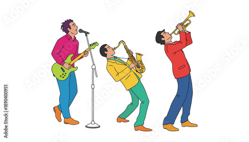 A colorful illustration of three musicians playing instruments with passion