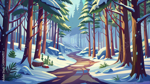 Winter forest path with snow covered trees