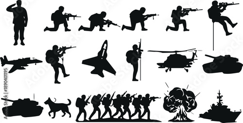Military silhouettes, combat poses, soldier icons, war vehicles, fighter jet, tank illustration, helicopter shape, naval warship, army gear, battlefield action