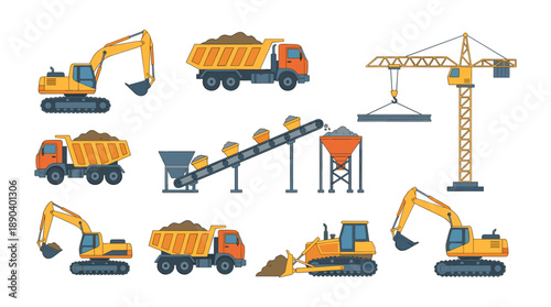 Construction site vehicles and machinery working industry elements