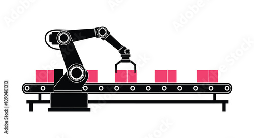 A robotic arm operating on an automated conveyor belt with red blocks depicted in a striking silhouette high quality professional detailed