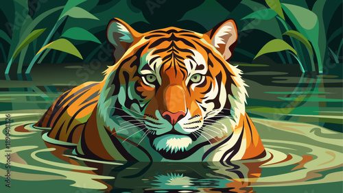 Tiger swimming in water with green plants