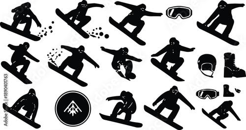 Snowboarding silhouettes, extreme sport, dynamic motion, winter gear, mountain emblem, freestyle action, helmet icon, boots illustration, outdoor adventure, snow spray