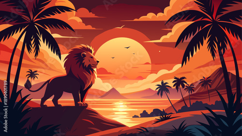 Lion at sunset with palm trees and ocean